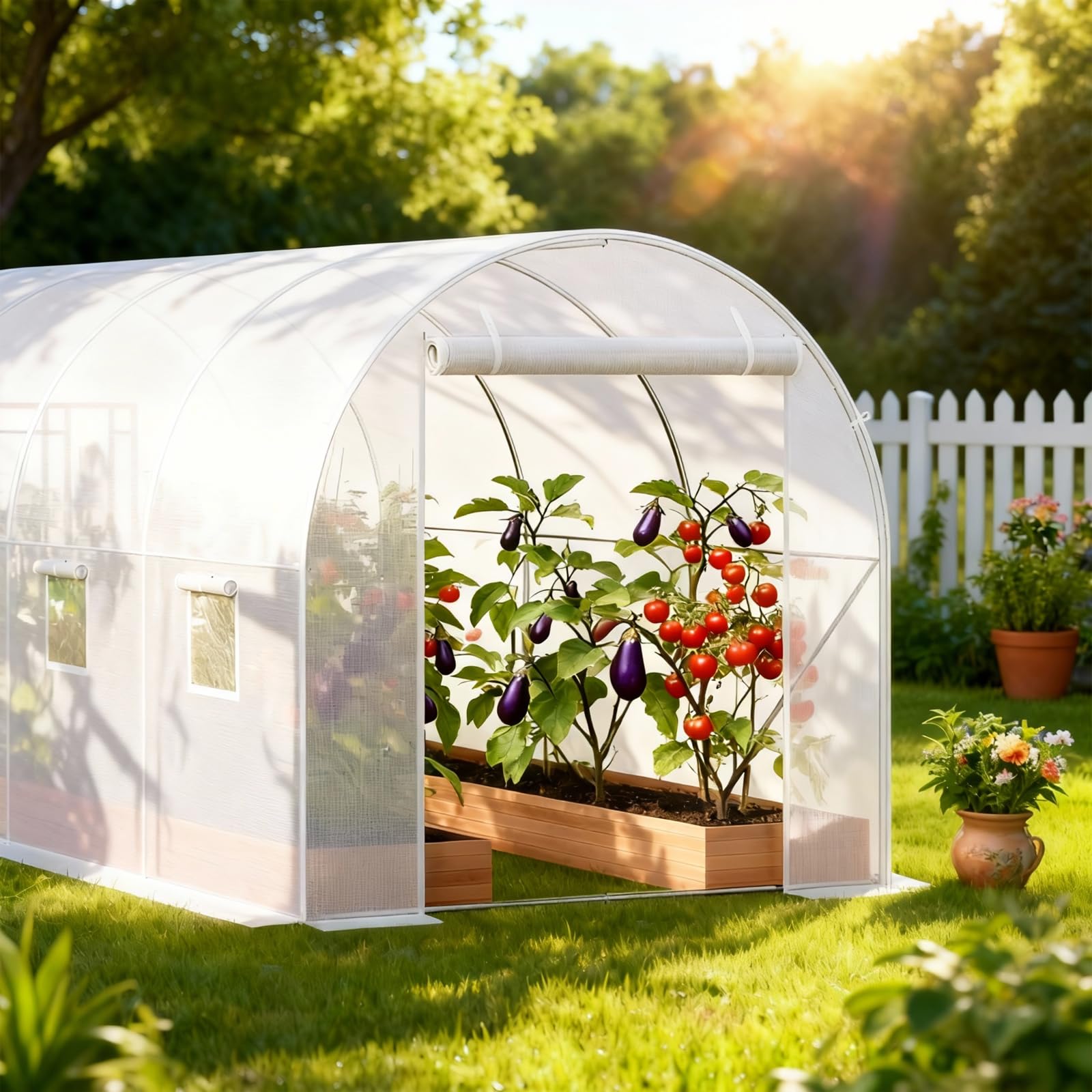 Serre tunnel Garvee avec structure en acier robuste, couverture en PE et porte grillagée pour jardin et agriculture, 4,45 x 1,95 x 1,92 m