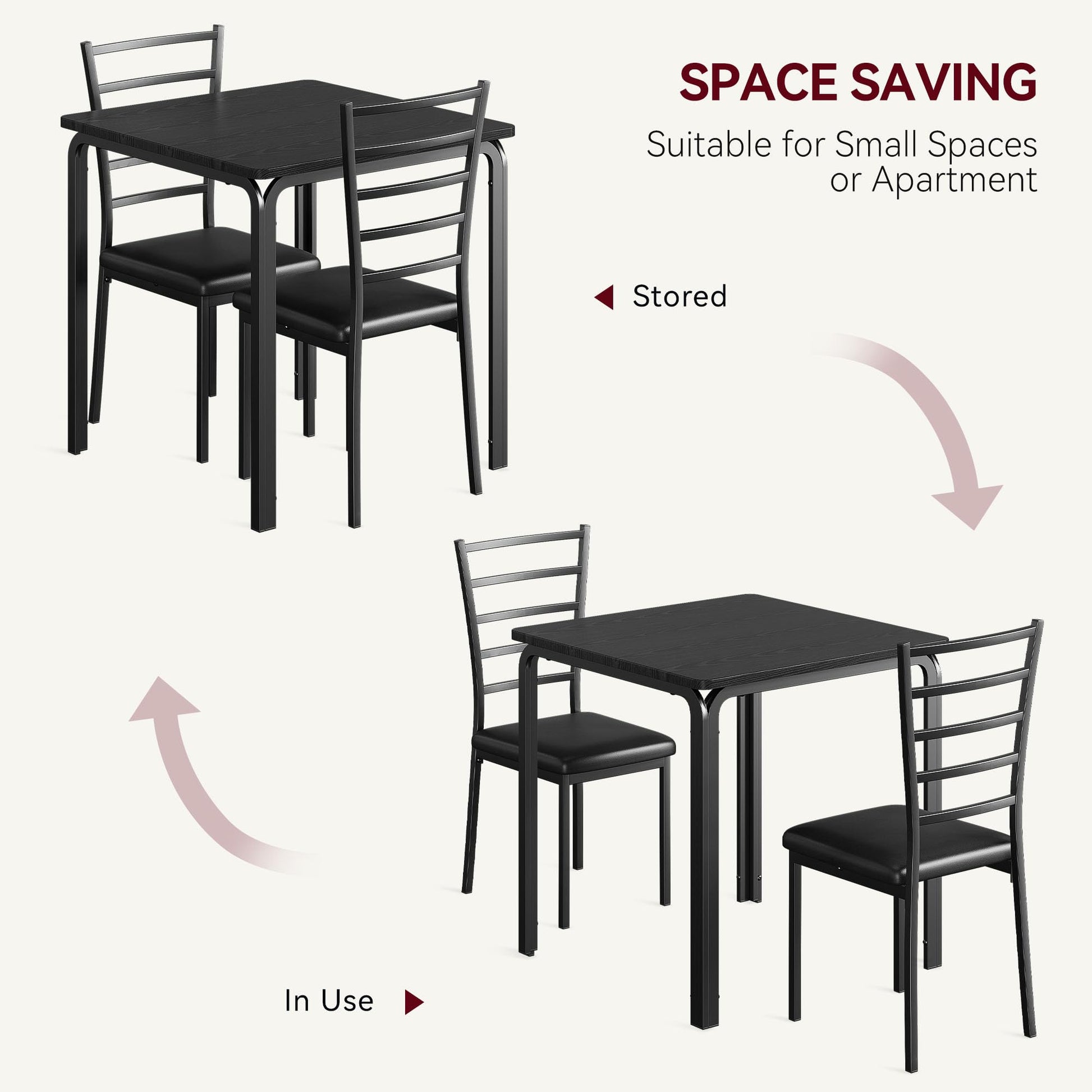 Ensemble table et chaises 3 pièces Garvee pour 2 personnes, plateau en MDF, gain de place, stable, idéal pour la cuisine et la salle à manger, design moderne, noir