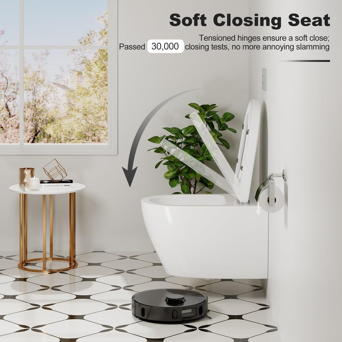 Garvee Wc suspendu sans bride WC suspendu en céramique forme D 55,5 cm blanc couvercle automatique
