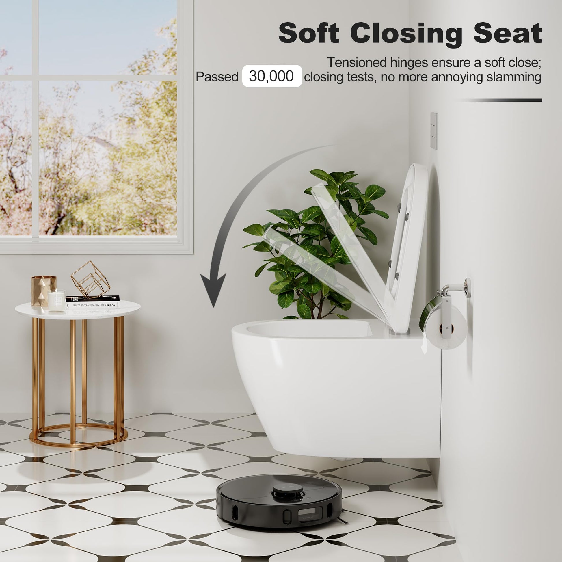 GARVEE WC Sospeso Senza Bordi WC suspendu en céramique forme D 55,5 cm blanc couvercle automatique