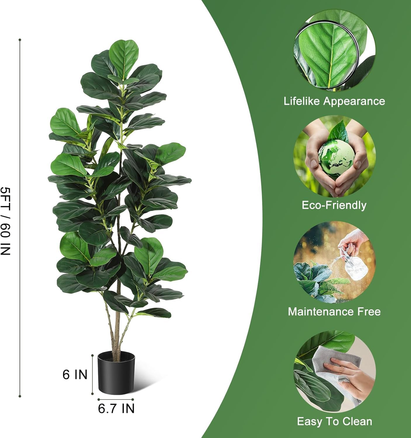 Garvee Ficus lyrata artificiel 152 cm en polyester avec pot blanc, arbre décoratif réaliste et durable pour intérieur et extérieur