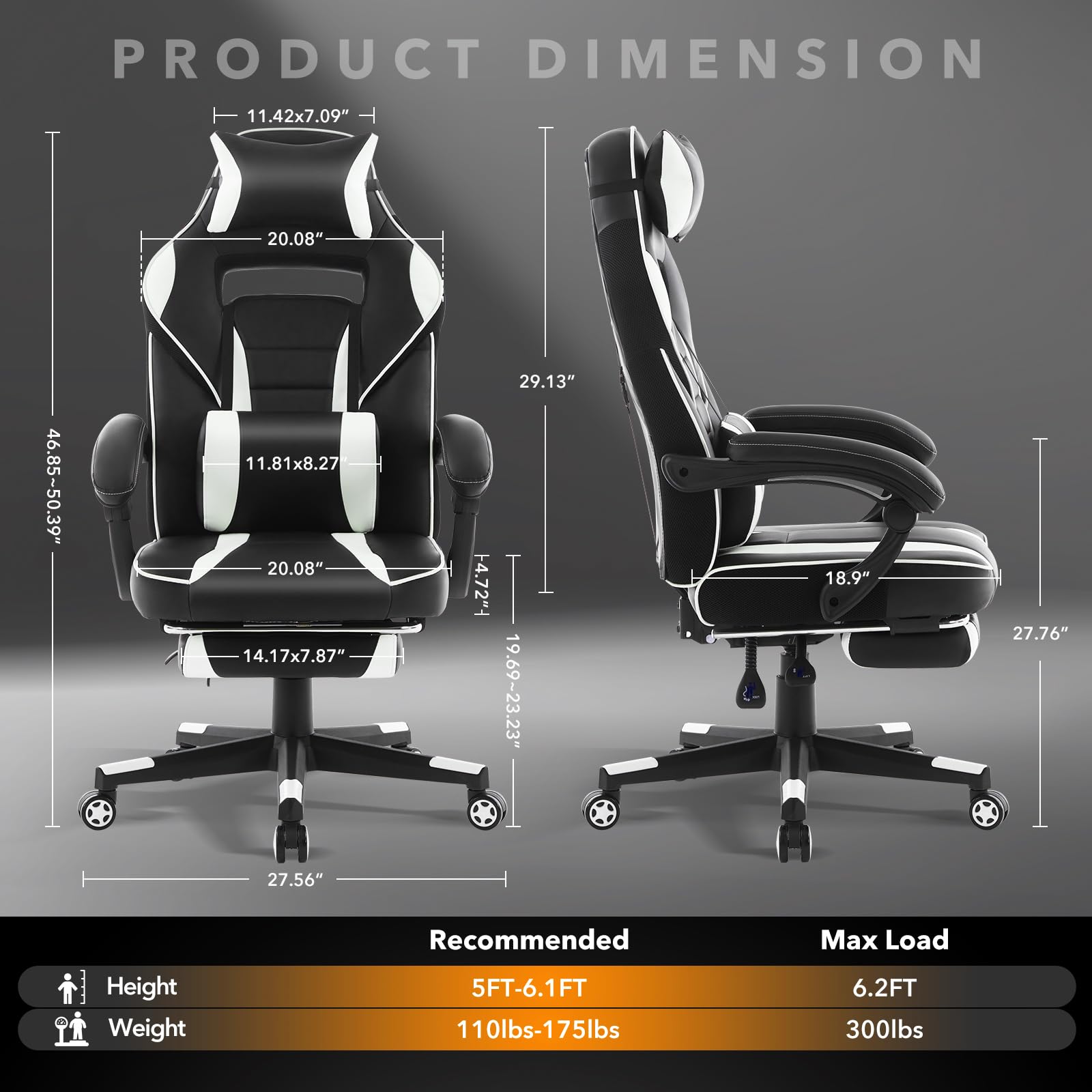 Garvee Chaise gaming ergonomique noir et blanc avec repose-pieds, appui-tête et soutien lombaire, pivotante 360°, hauteur réglable, capacité 136 kg, adulte et ado