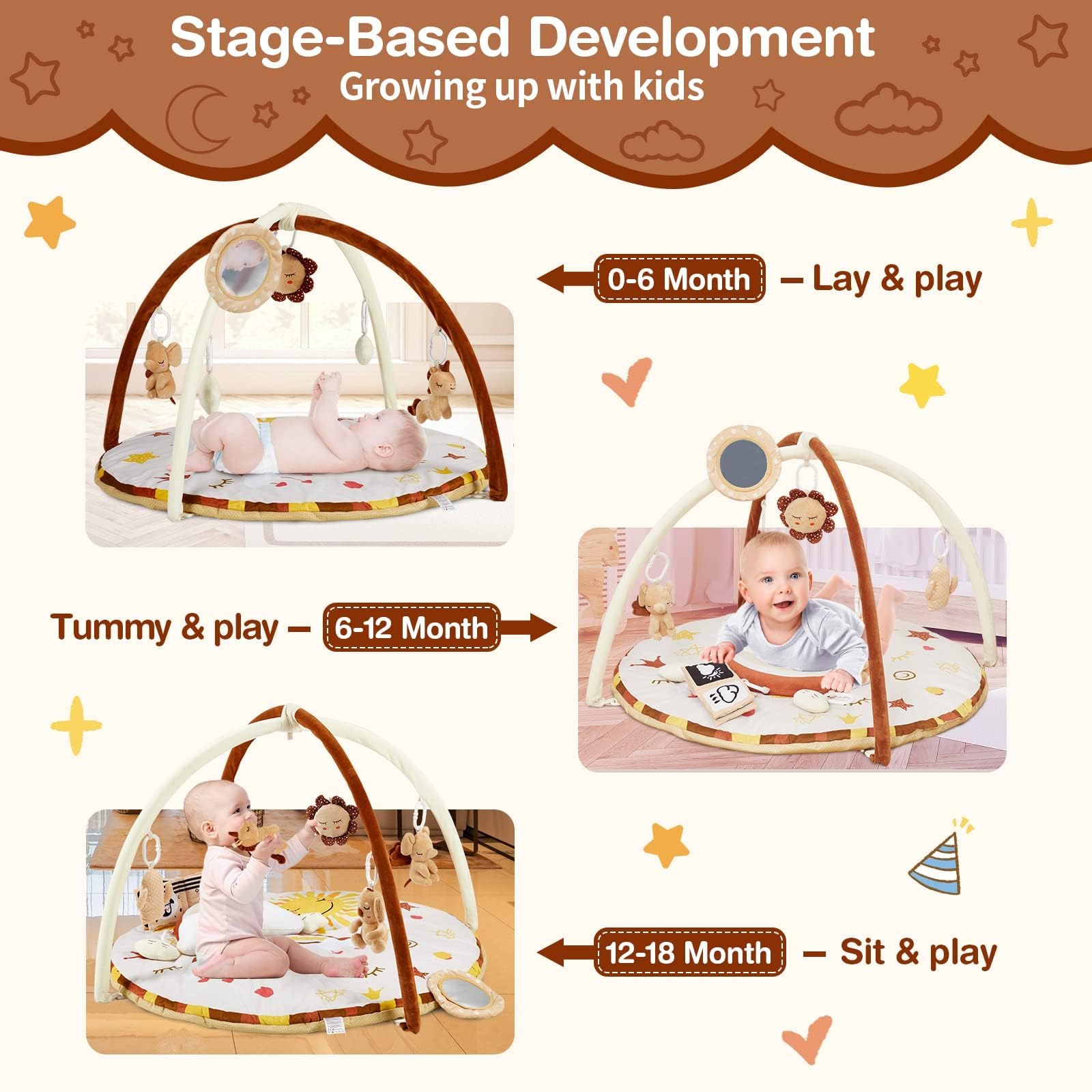 Tapis d'éveil Garvee pour bébé avec 9 jouets détachables, développement sensoriel et moteur, antidérapant, en polyester doux, pour la maison, couleurs neutres