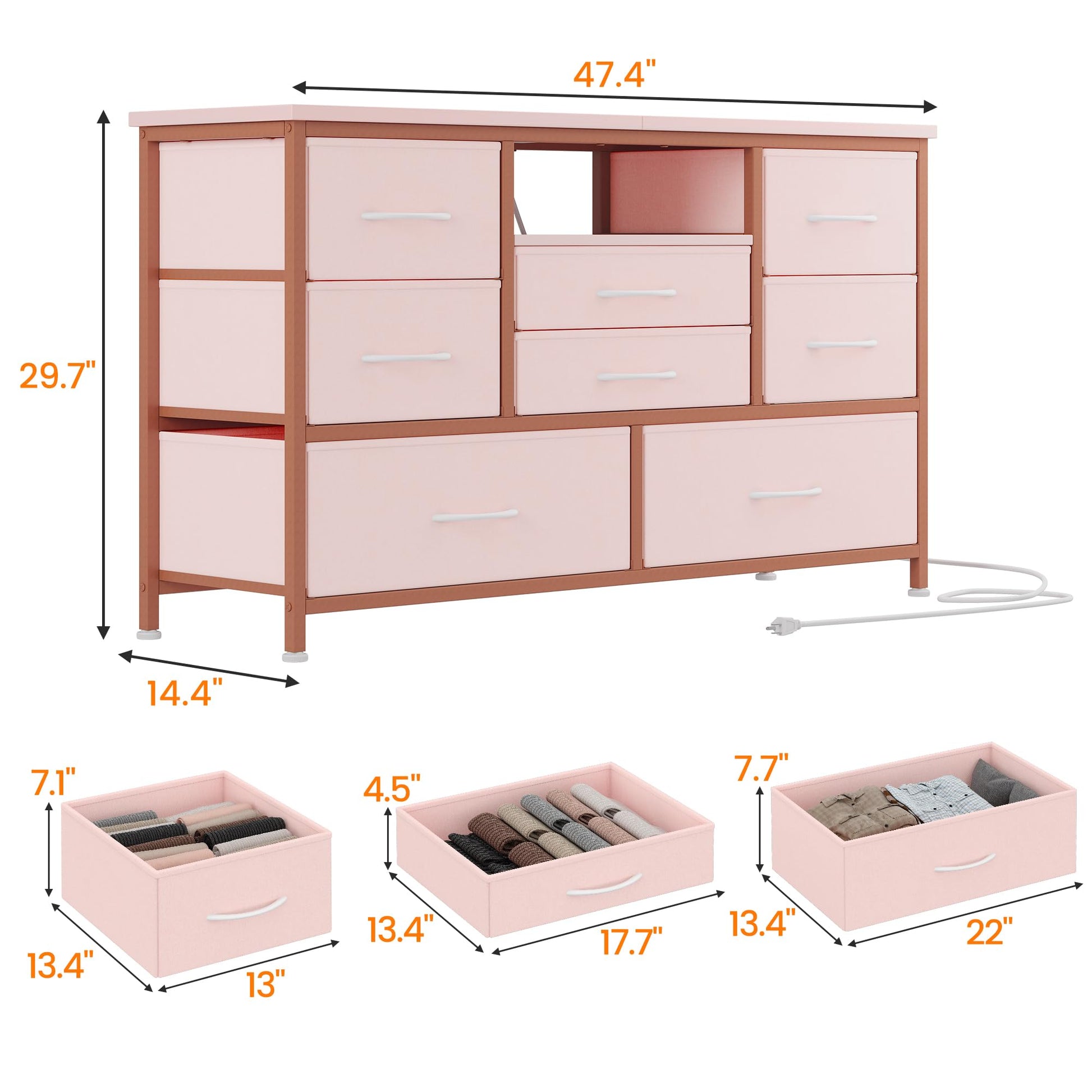 Garvee Meuble TV à 8 tiroirs avec éclairage LED et prise électrique pour salon et chambre, en MDF, éclairage RGB, grand espace de rangement, blanc