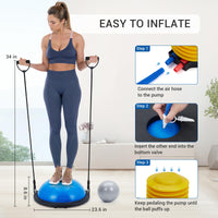 Ballon d'équilibre demi-sphère Garvee de 58 cm (23 po) avec 2 élastiques et pompe pour le yoga et la musculation. Couleur bleue. Capacité de charge : 725 kg (1 6 lb). Base antidérapante.
