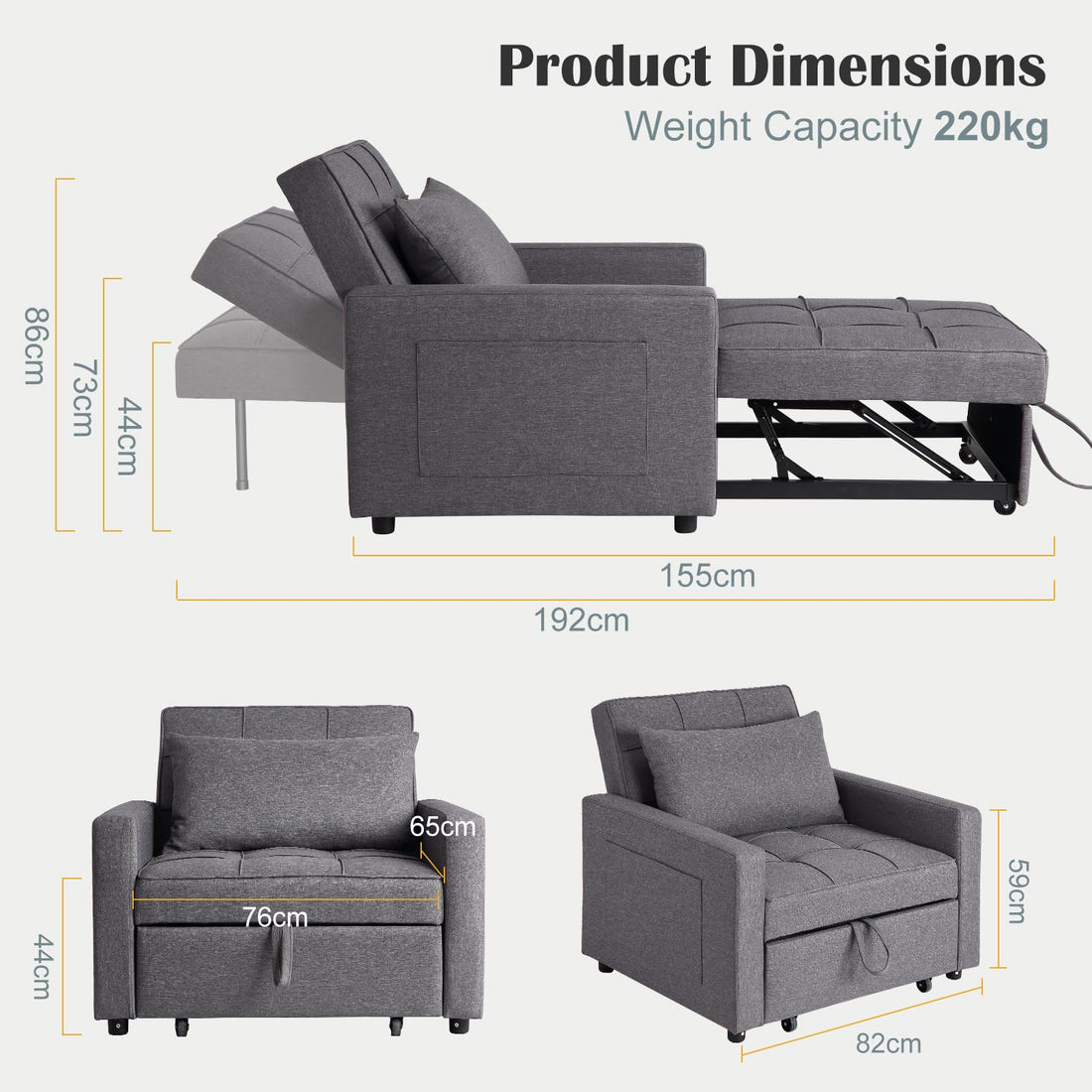 Canapé-lit/fauteuil convertible 3 en 1 Garvee, revêtement en lin, gain de place, 192 x 96 x 59 cm, gris