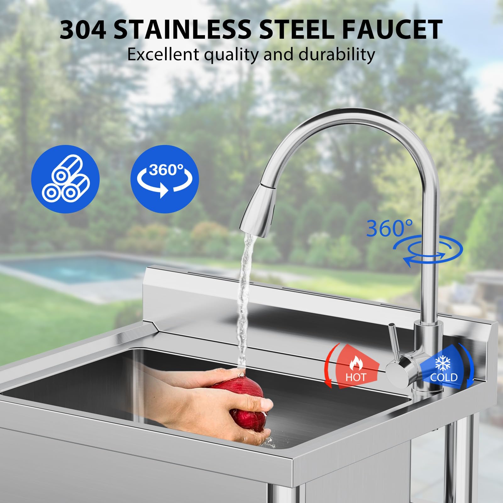 Garvee Évier sur Pied Inox 304 61 × 51 × 104 cm, Bac Unique avec Robinet Eau Chaude/Froide, Vidange Rapide, pour Cuisine et Usage Pro