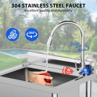 Garvee Évier sur Pied Inox 304 61 × 51 × 104 cm, Bac Unique avec Robinet Eau Chaude/Froide, Vidange Rapide, pour Cuisine et Usage Pro