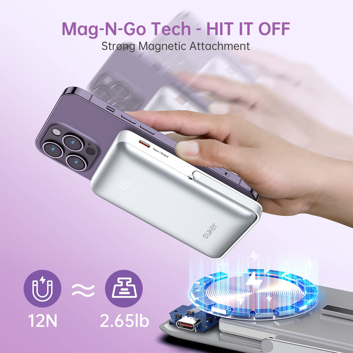 Garvee Chargeur portable sans fil 10 000 mAh, magnétique, charge rapide PD 20 W, support en métal léger, compatible avec iPhone 12-15, idéal pour les voyages.