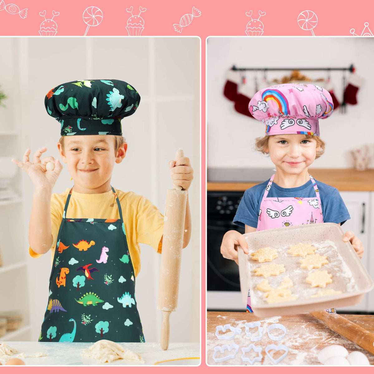 Garvee Ensemble de cuisine et pâtisserie pour enfants,2pièces avec toque et tablier rose et vert,accessoires pour jeux d’imitation et cadeaux