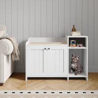 Bac à litière Garvee avec étagère de rangement et porte de grange rustique en bois blanc, idéal pour le salon et la chambre.