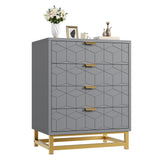 Garvee Commode 4 Tiroirs Gris MDF Poignées Or Design Carré Moderne Pour Chambre 23.6x15.8x34.5 Pouces - 