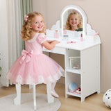 Garvee Coiffeuse Enfant avec Miroir LED et Tabouret, pour Filles 3–9 Ans, MDF Sûr, Éclairage Réglable, Grand Rangement, Blanc - Blanc
