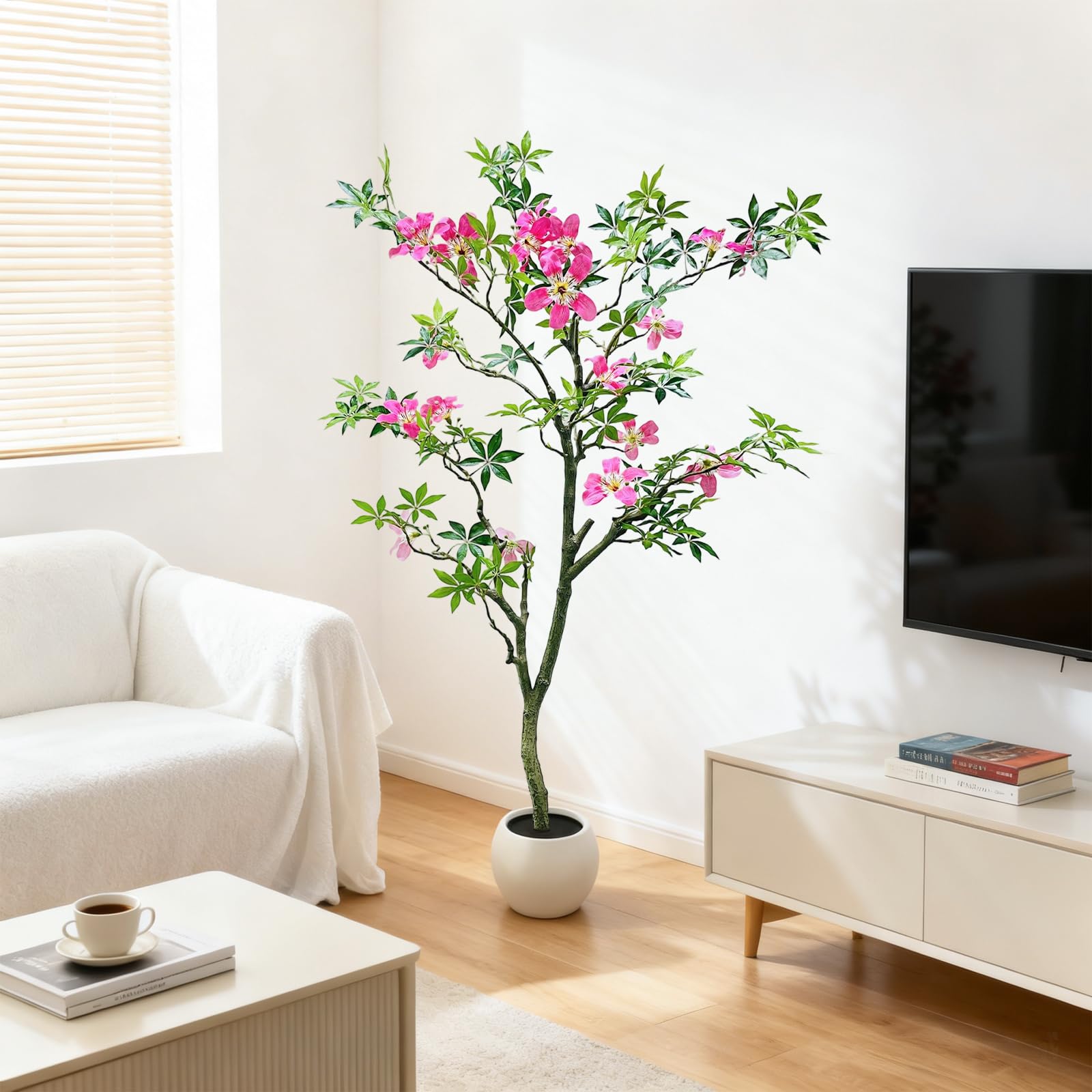 Arbre artificiel Garvee de 120 cm avec feuilles et fleurs réalistes pour salon et bureau, tronc détachable, entretien facile, tissu de soie de haute qualité, vert