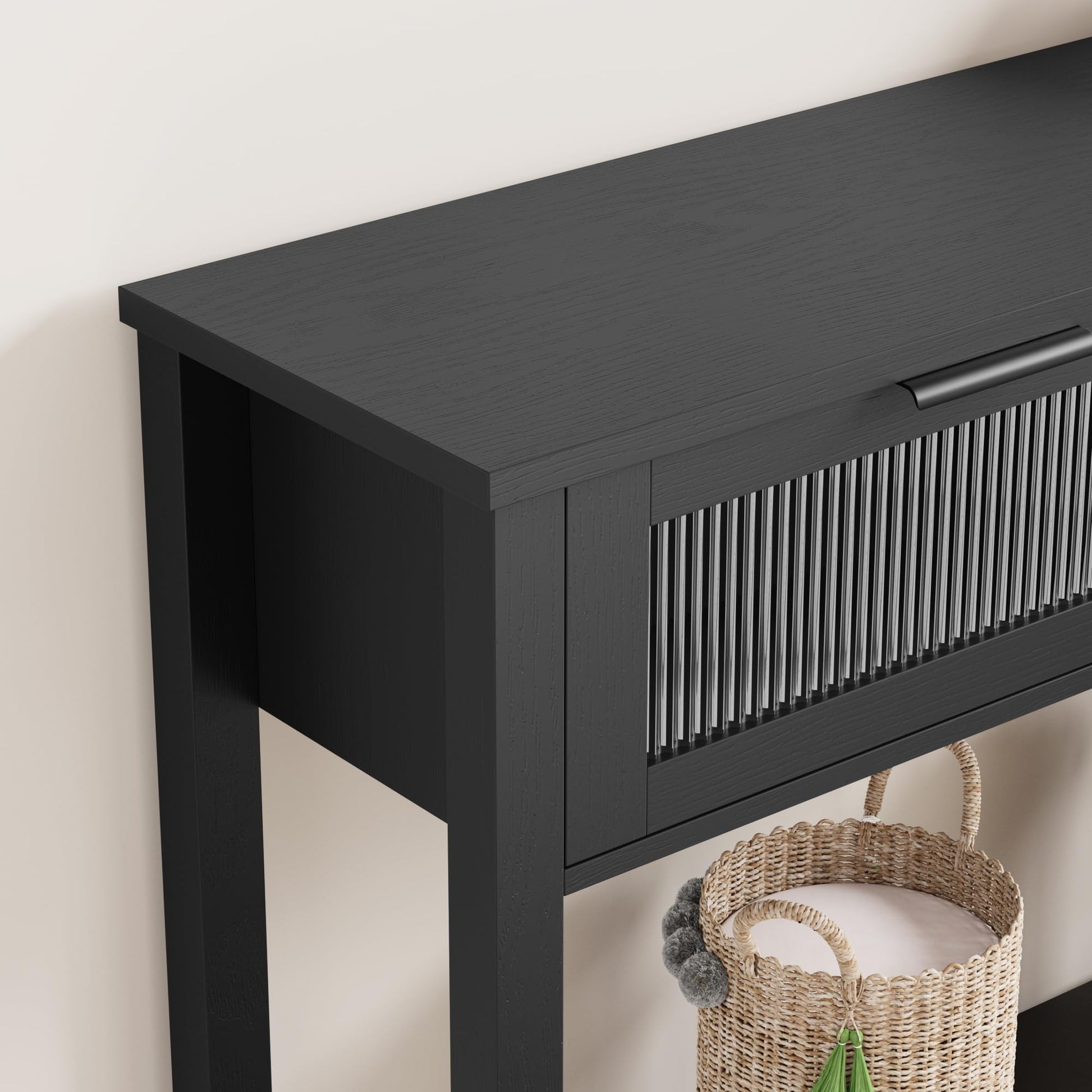 Garvee Console en MDF Noir avec 2 Tiroirs à Façades en Verre, L. 110 × P. 30 × H. 80 cm, Meuble de Rangement pour Salon et Entrée