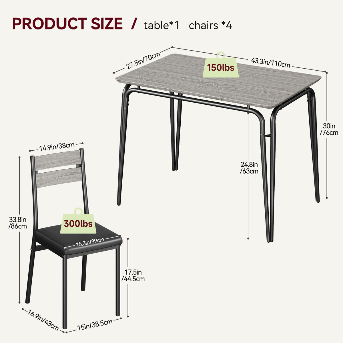 Garvee table de salle à manger pour 2 personnes avec chaises rembourrées, en MDF, structure en métal, gain de place, idéale pour les petits appartements, carrée, grise