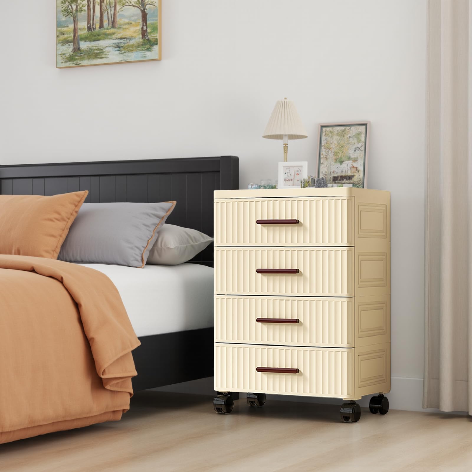 Garvee Meuble de rangement multifonctionnel avec 4 tiroirs, roulettes, plastique, couleur crème, 48cm, pour chambre et salon