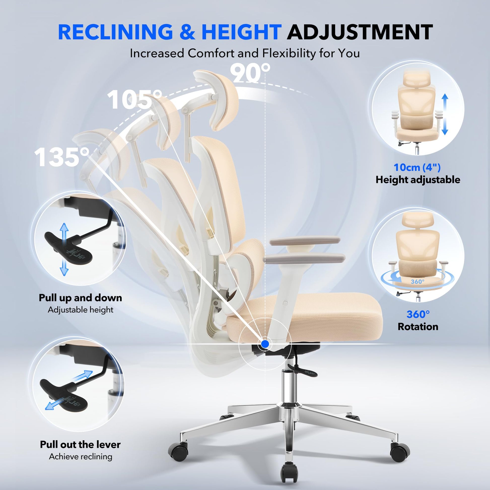 Chaise de bureau ergonomique Garvee en maille avec soutien lombaire réglable, accoudoirs 3D, structure en métal, dossier haut, pivotante, pour bureau et télétravail, noire