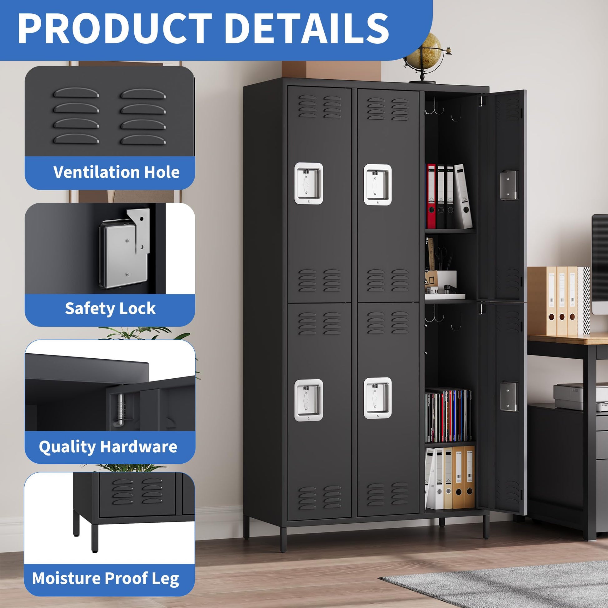 Casier métallique Garvee à 6 portes pour employés, robuste, ventilé, double compartiment, pour bureaux et salles de sport, 183 cm (H) x 40 cm (L) x 90 cm (P), revêtement en poudre