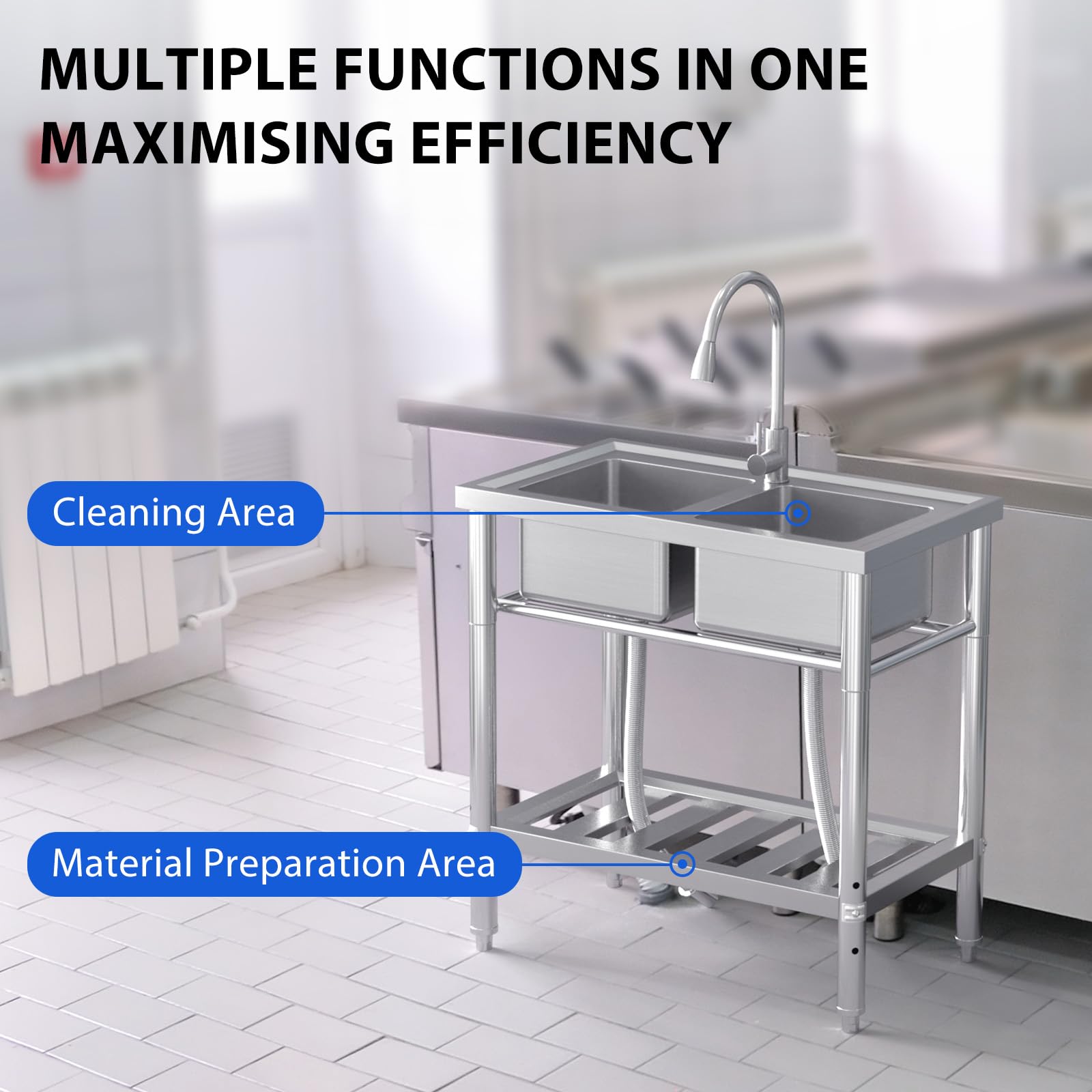 Garvee Évier de Cuisine Professionnel en Inox, Double Bac Autoportant avec Robinet Extractible, Étagère et Raccords Eau Chaude/Froide