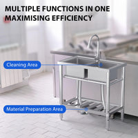 Garvee Évier de Cuisine Professionnel en Inox, Double Bac Autoportant avec Robinet Extractible, Étagère et Raccords Eau Chaude/Froide