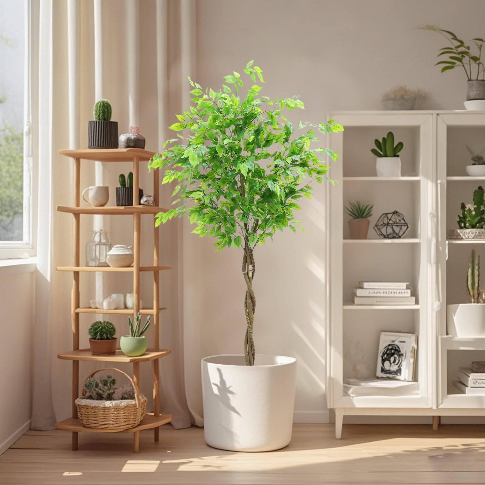 Ficus artificiel Garvee de 1,5 m avec feuilles en soie et pot en ciment robuste, vert, pour la maison et le bureau