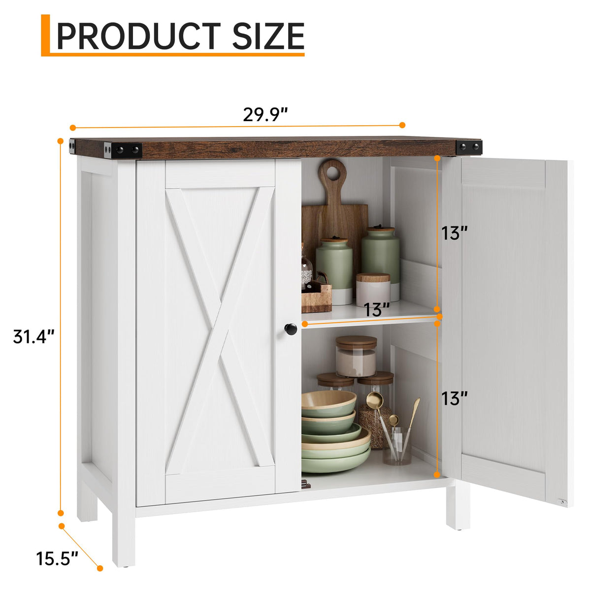 Garvee buffet de cuisine avec portes, étagère réglable, style campagnard, pour cuisine, salon, salle à manger, blanc et brun