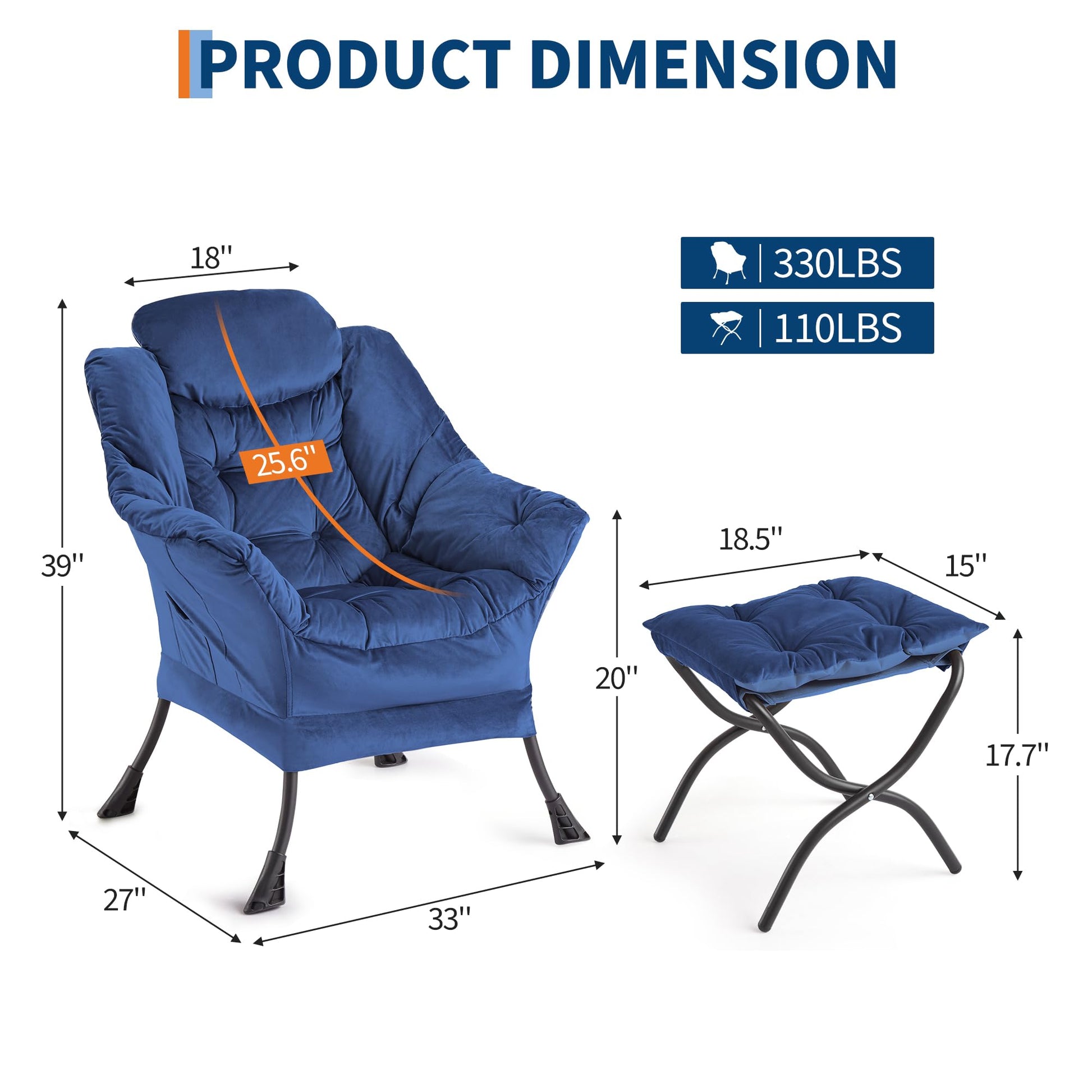 Fauteuil relax Garvee avec ottoman, repose-pieds pliable, structure en acier, ergonomique, bleu foncé, pour salon et bureau