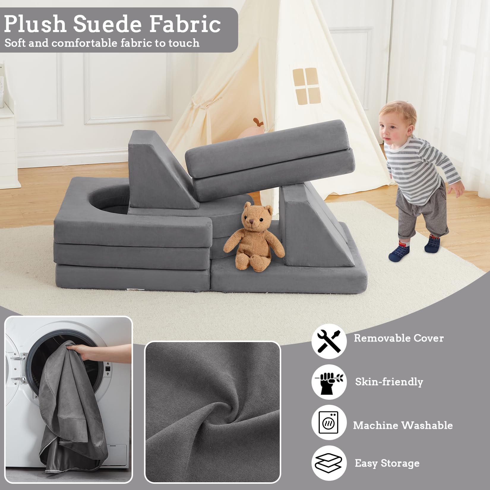 Canapé de jeu modulaire Garvee 10 pièces pour enfants, canapé convertible en mousse, microfibre de luxe, gris foncé, pour des jeux créatifs dans la chambre d'enfant