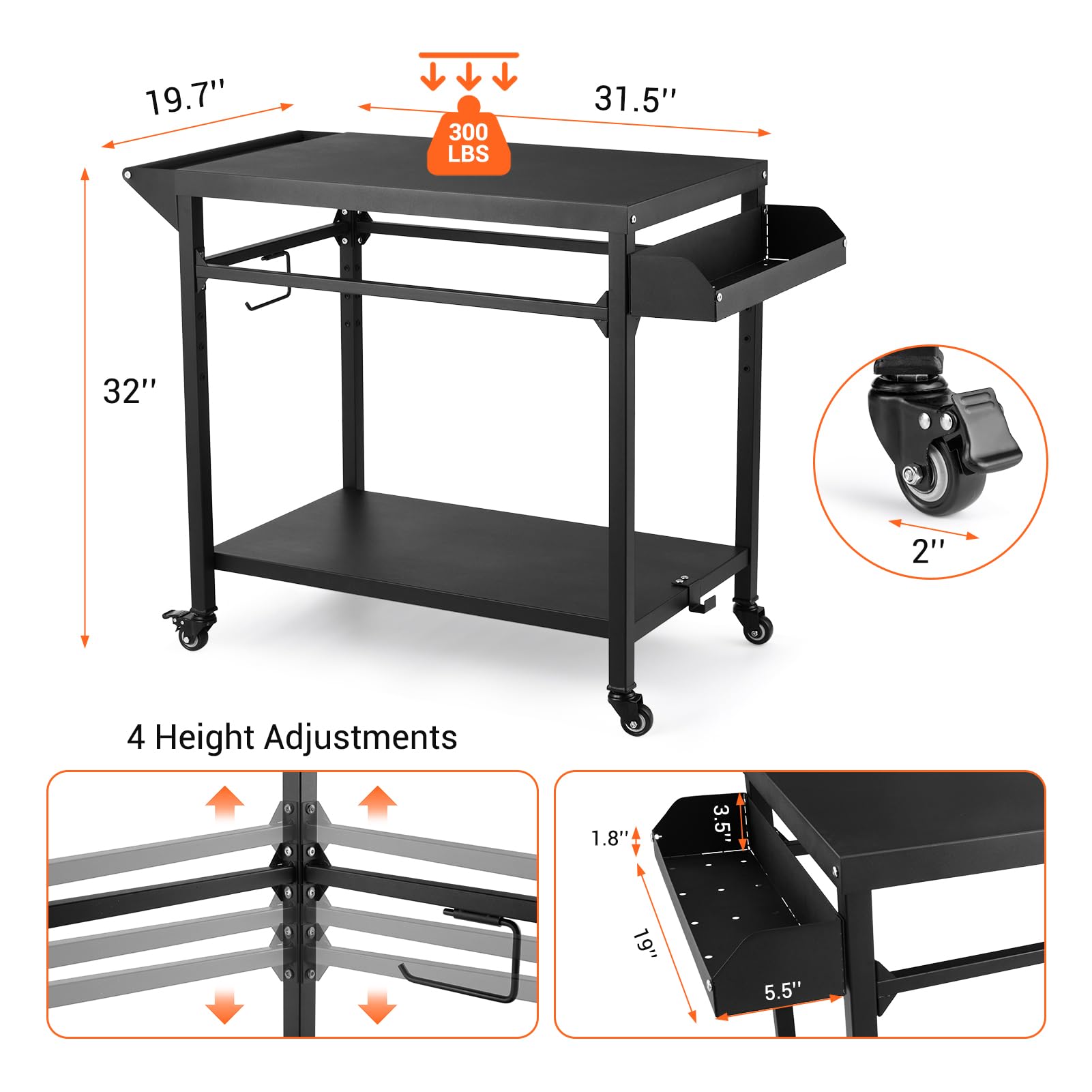 Chariot de barbecue d'extérieur Garvee avec support pour four à pizza, 4 roues et verrou, acier thermolaqué, grand espace de rangement, porte-bouteille de gaz pour le jardin et le camping, 105 x 50 x 81 cm, noir