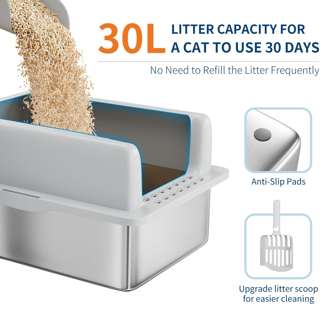 Garvee Bac à litière XL en acier inoxydable pour grands chats, caisse fermée avec couvercle, bords hauts anti-fuite, facile à nettoyer, avec pelle et marchepied
