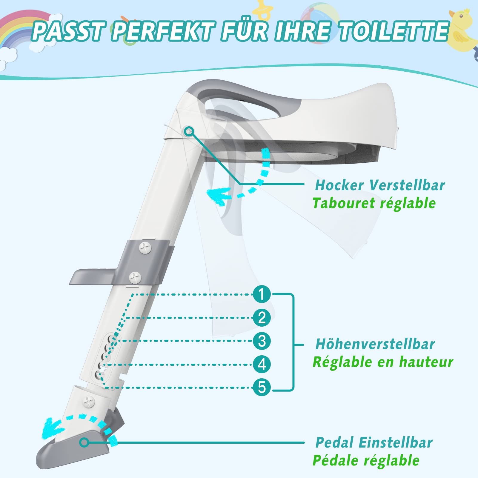 Siège de toilette enfant Garvee avec marchepieds, hauteur réglable, pliable, rembourré en PU, antidérapant, pour garçons et filles, blanc