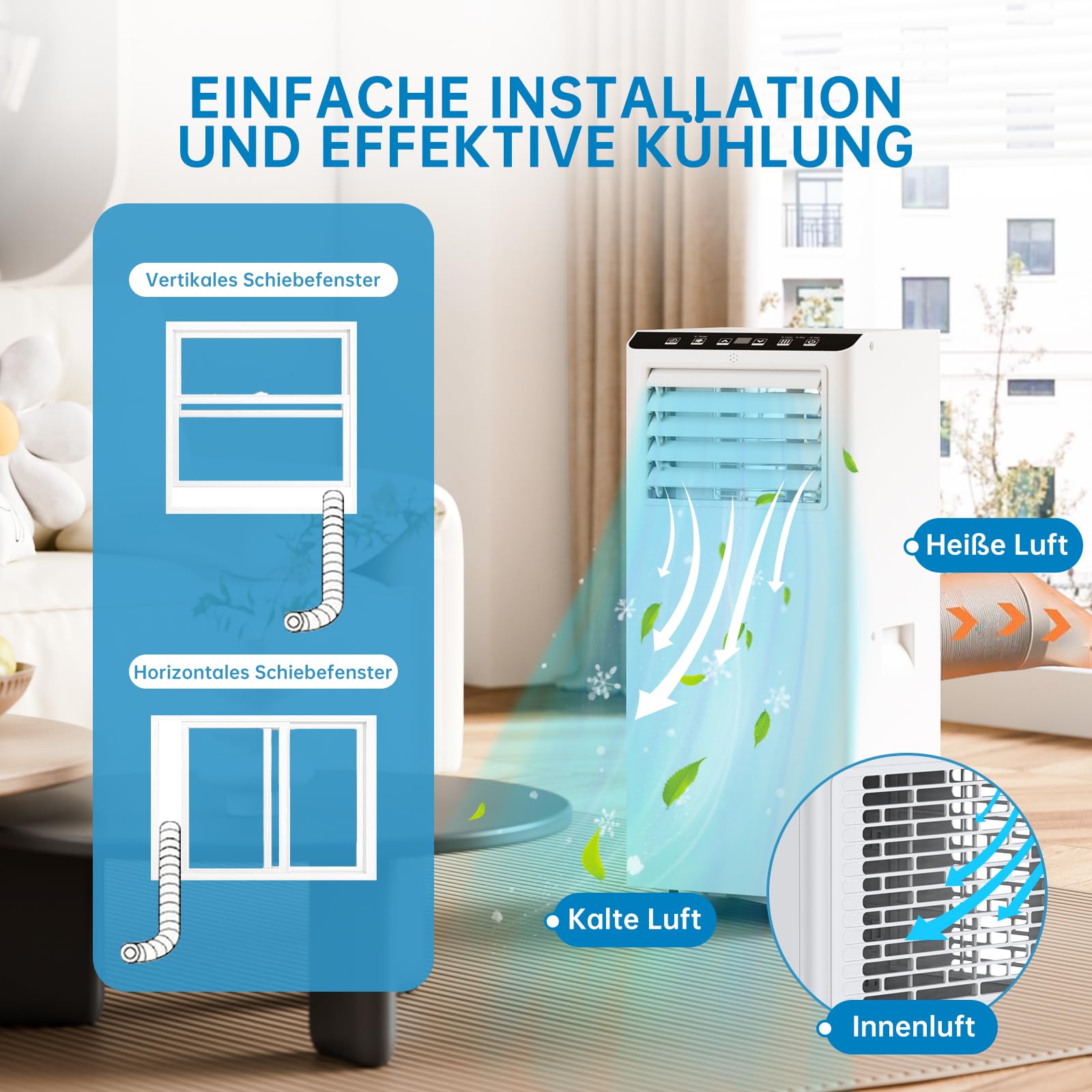 Garvee Climatiseur mobile 9000 BTU 2,6 kW, 3 en 1 silencieux 52 dB, avec déshumidificateur, ventilateur, mode nuit, roulettes 360°, pour 45 m²