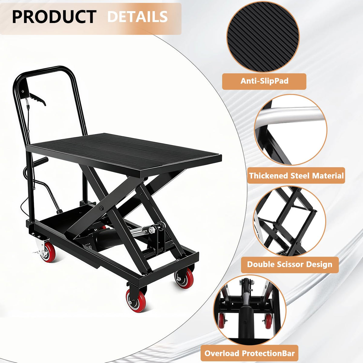 Table élévatrice hydraulique Garvee noire 72 cm – 227 kg, mécanisme à double ciseaux, plaque antidérapante et barre de sécurité