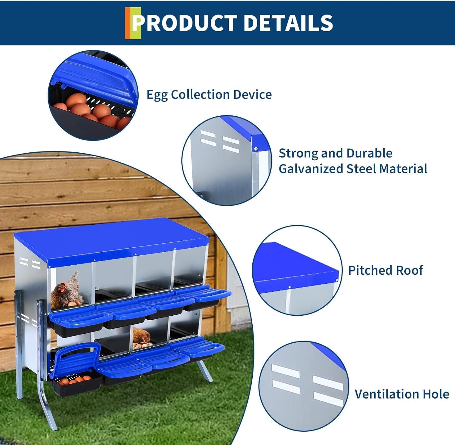 Nichoir à poules Garvee 8 trous avec pieds 107×52×95 cm – Bleu, hygiénique et ergonomique pour écuyers professionnels