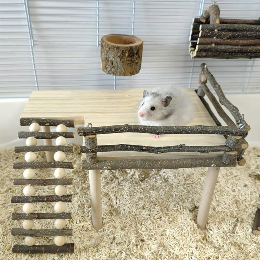 Plateforme d'escalade robuste Garvee en bois naturel pour cages à oiseaux et hamsters, plateforme à deux niveaux avec échelle, accessoires robustes, polyvalente, bois naturel