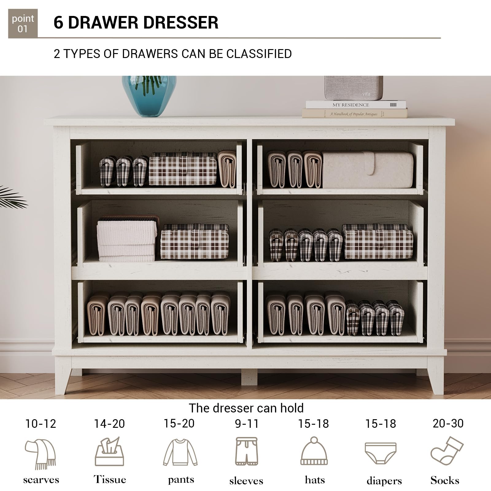 Garvee Commode Farmhouse à 6 tiroirs, en bois blanc, robuste, offrant un grand espace de rangement pour la chambre, le salon ou le couloir