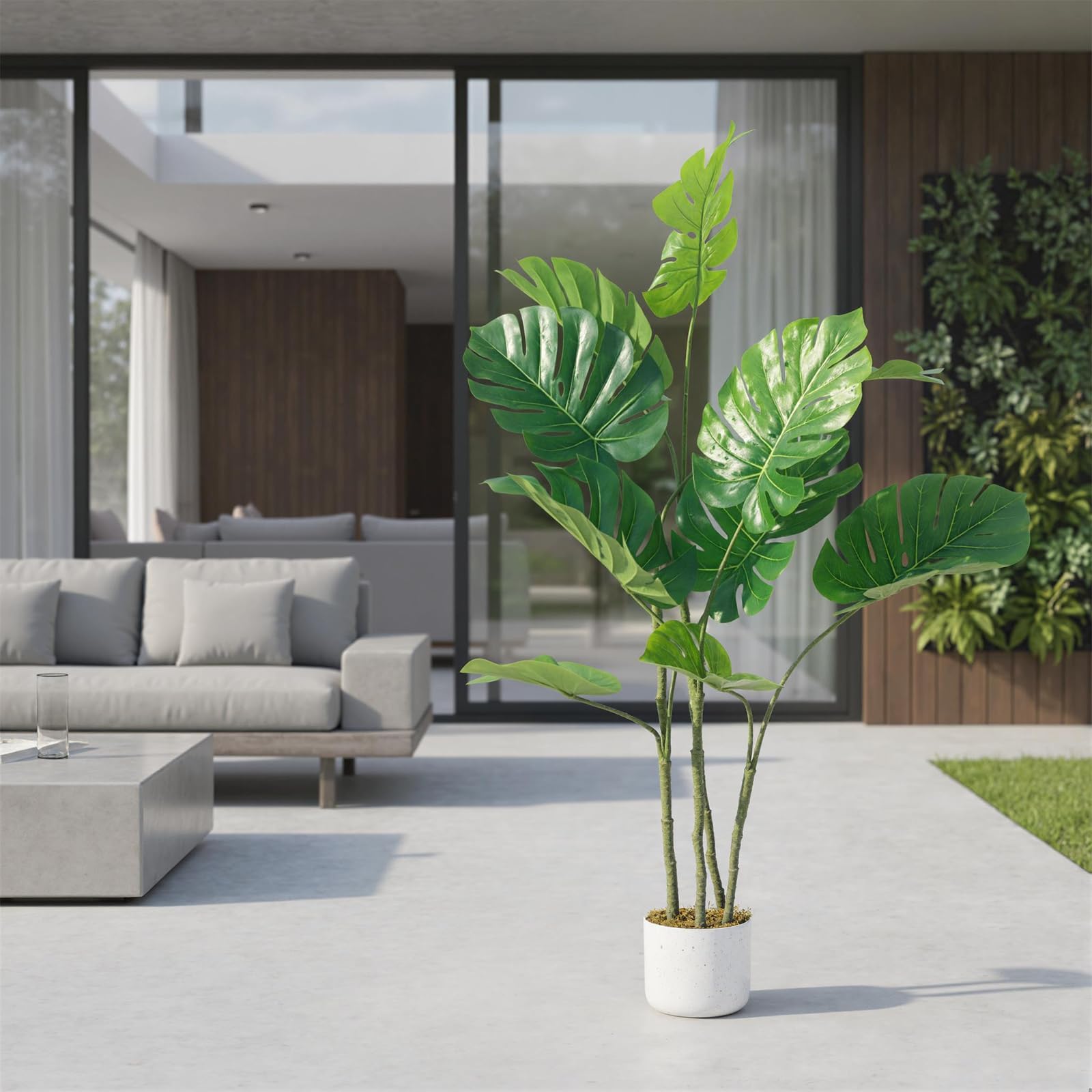 Monstera artificielle Garvee, 1,2 m, résistante aux UV, pot en ciment stable, matériau PEVA, aucun assemblage requis, décoration intérieure pour salon ou bureau, verte