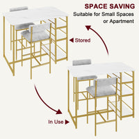 Garvee Table de bar + 2 tabourets hauts rembourrés, 3 étagères, métal/marbre doré, velours gris, 91,4x50x91,4 cm. Idéal pour appartement ou cuisine.