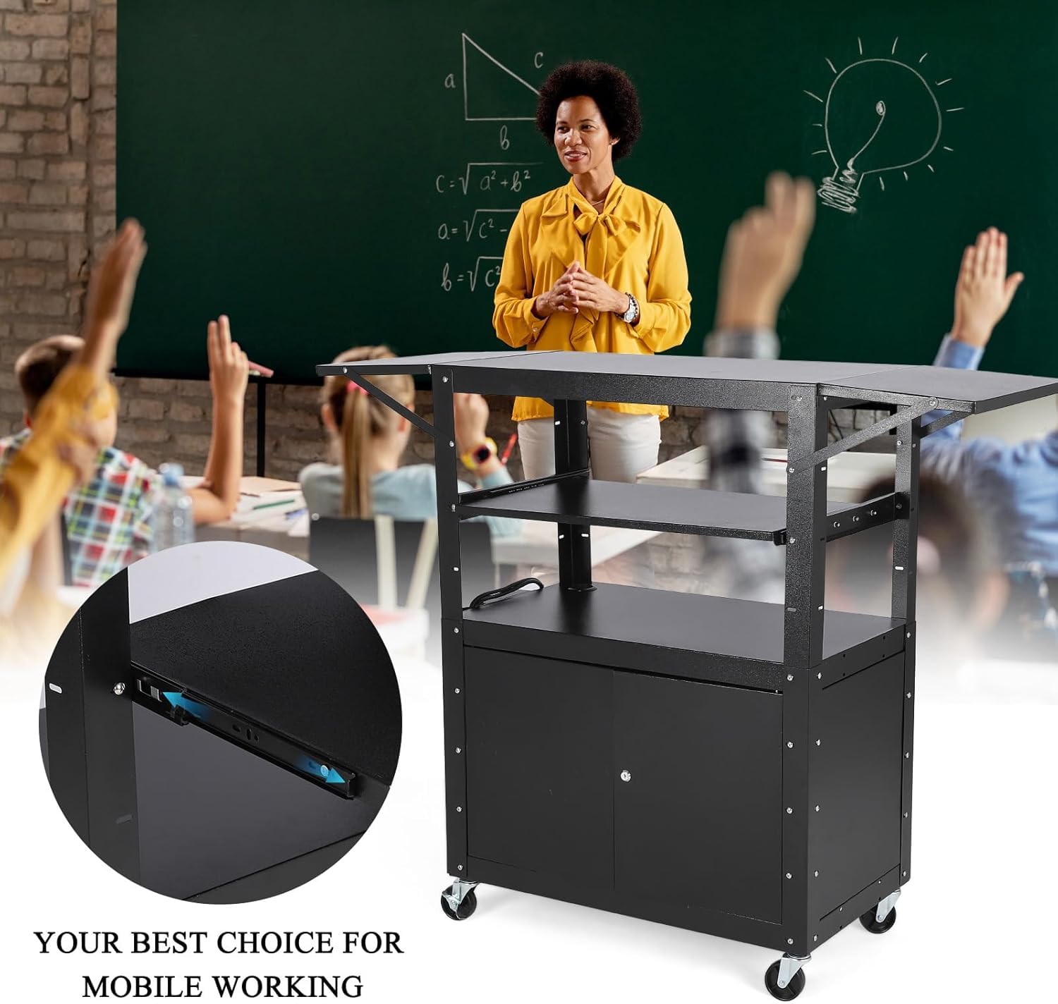 Chariot audiovisuel roulant Garvee avec armoire verrouillable, hauteur réglable, support pour ordinateur portable, acier, poste de travail mobile, espace de rangement, idéal pour les bureaux, noir