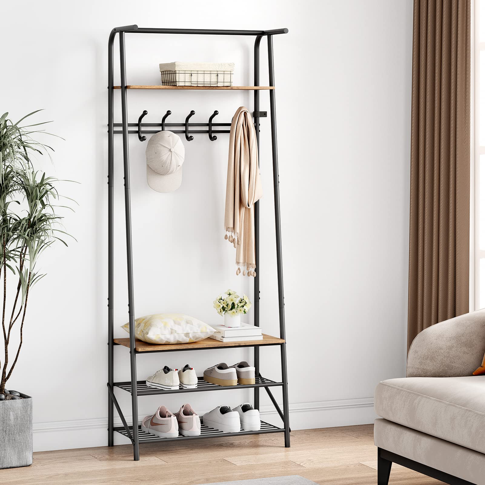 Banc d'entrée Garvee avec 5 crochets – Structure en métal, aspect bois, range-chaussures et siège 4 en 1 pour entrée et salon