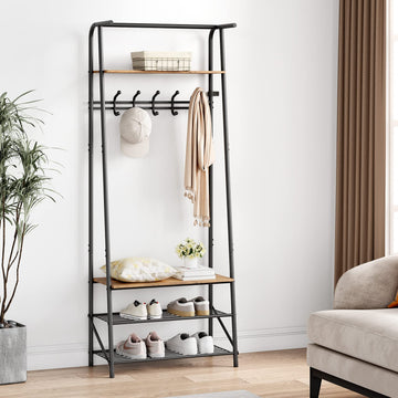 Banc d'entrée Garvee avec 5 crochets – Structure en métal, aspect bois, range-chaussures et siège 4 en 1 pour entrée et salon