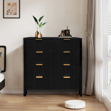 Garvee commode à 4 tiroirs, commode haute cannelée avec poignées en métal, noir, pour la chambre et le salon