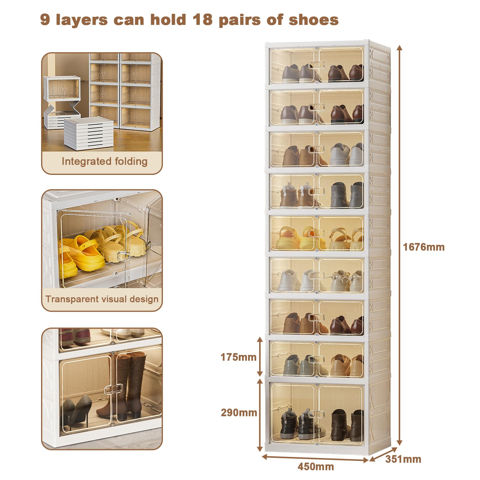 Étagère à chaussures pliable Garvee à 9 niveaux avec portes transparentes empilables, idéale pour l'entrée et le salon. Robuste, facile à nettoyer et équipée de roulettes. Couleur : marron.