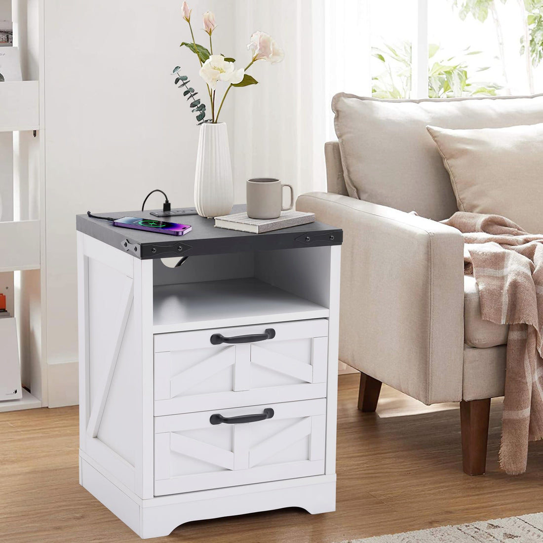 Table de chevet Garvee style ferme avec station de chargement USB, 2 tiroirs, bois massif, blanc, style industriel, chambre