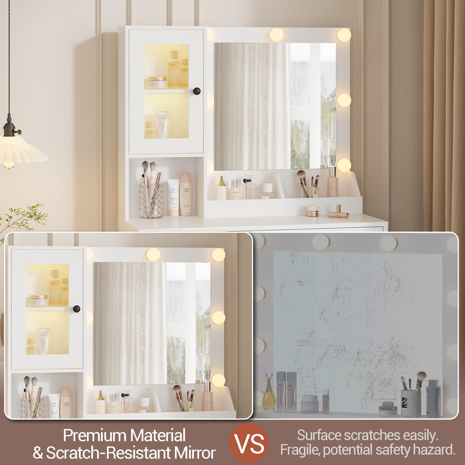 Coiffeuse Garvee avec éclairage LED, 3 modes de couleur, grands tiroirs, station de recharge USB pour chambre, blanche, moderne