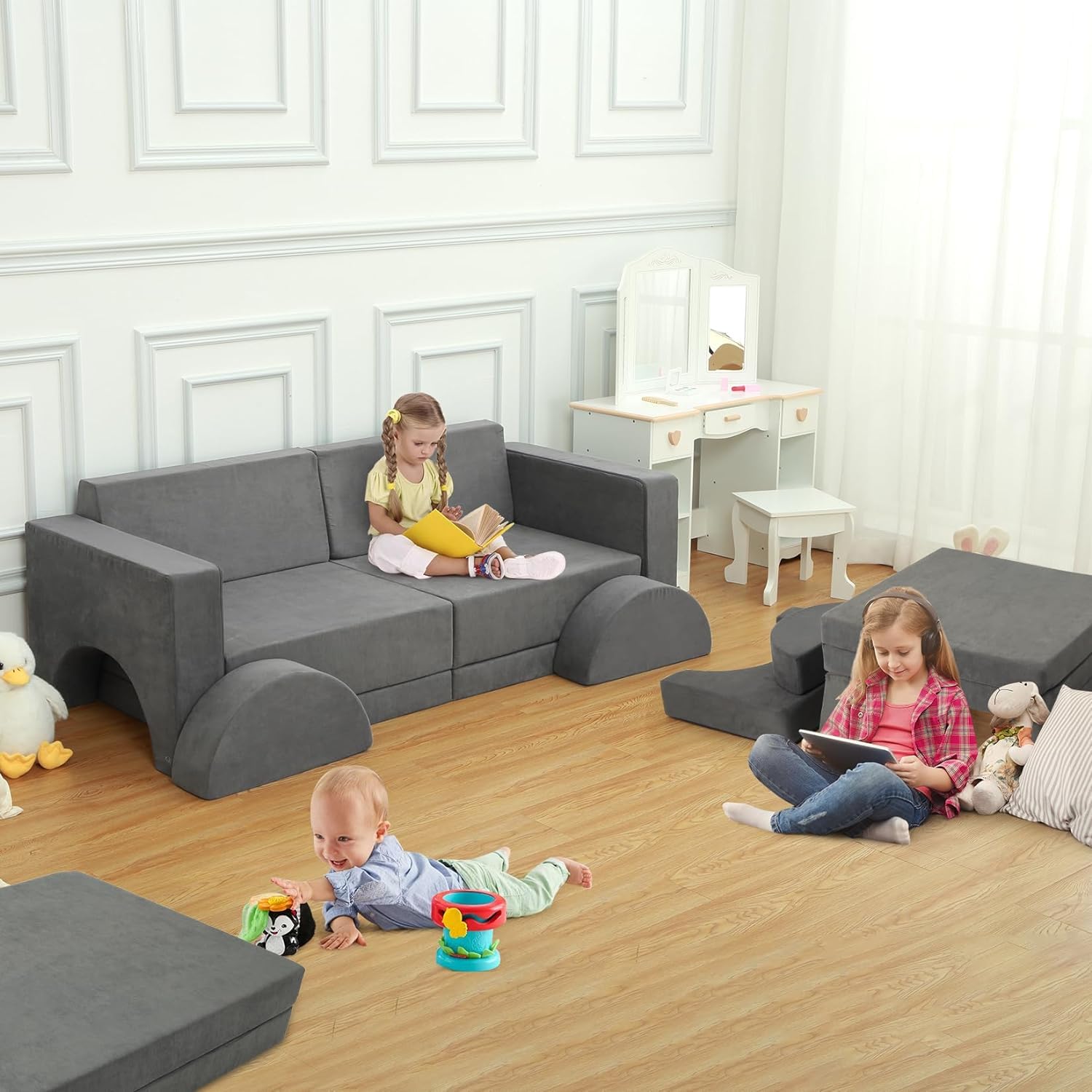 Canapé de jeu pour enfants Garvee, canapé modulaire 8 pièces, housse amovible en microfibre gris foncé, salle de jeux