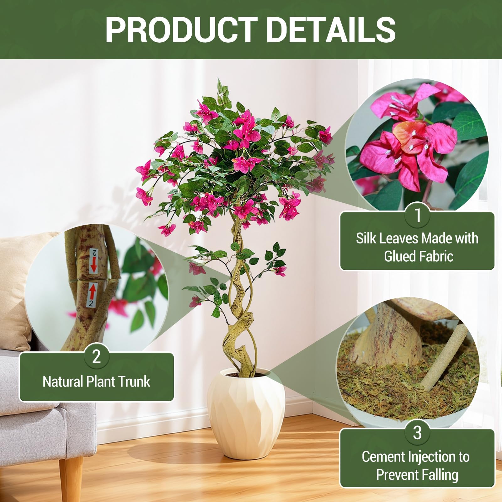 Bougainvillier artificiel Garvee de 1,20 m avec fleurs roses, pour l'intérieur et l'extérieur, léger, polyvalent, en soie