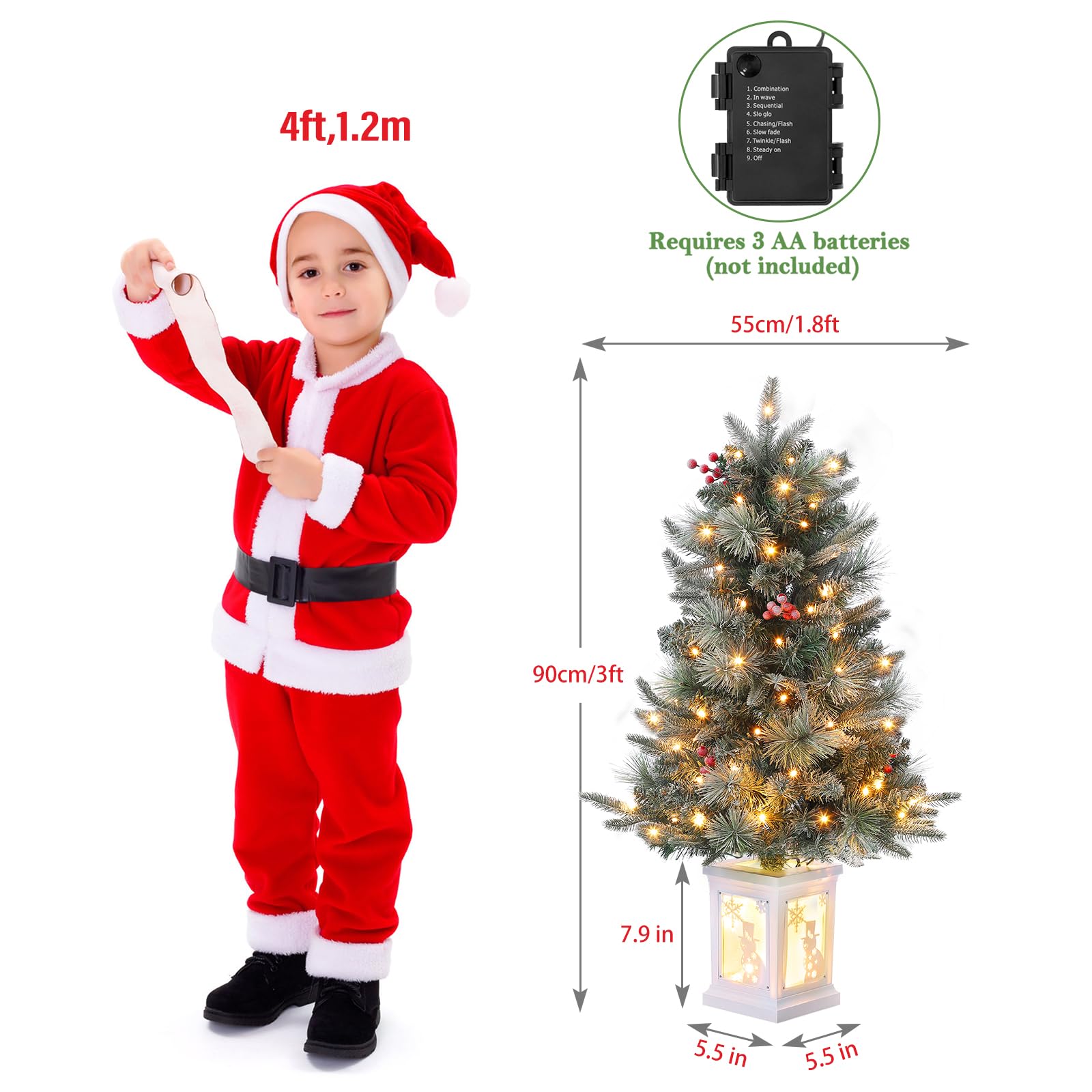 Sapin de Noël artificiel Garvee, 1 pièce – 90 cm, 78 LED (blanc chaud), 8 modes d'éclairage, socle bonhomme de neige, fibre optique, effet givré