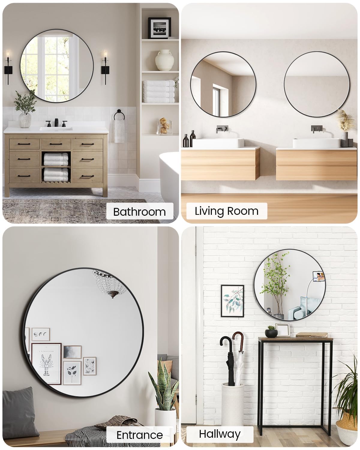 Miroir mural rond noir Garvee de 50 cm (20 pouces) avec cadre en métal pour salle de bain et salon, incassable, en aluminium, antirouille